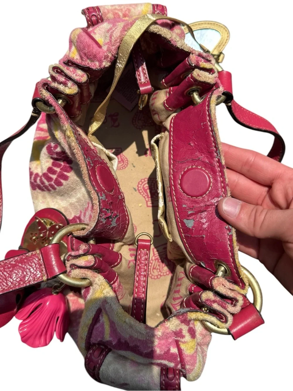 Vintage Juicy Couture Pink Y2K Floral Terrycloth Shoulder Bag Lux Charms